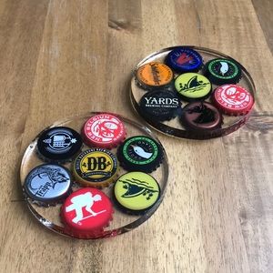 1 Pair of Handmade Resin Coasters with Assorted Beer Bottle Cap Interior